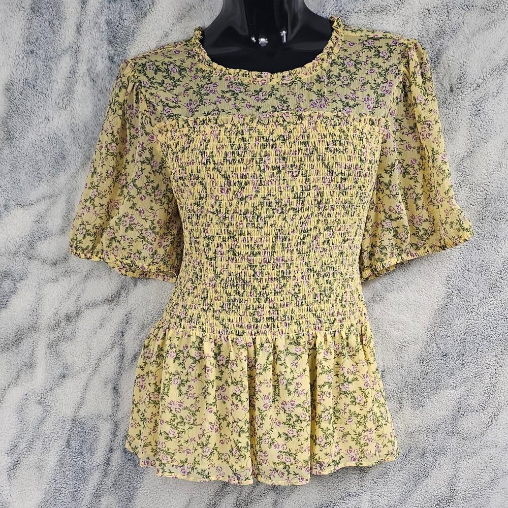 TORRID 2 2X 18/20 Yellow Floral Chiffon Ruffle Mock Neck Smocked Crop Top